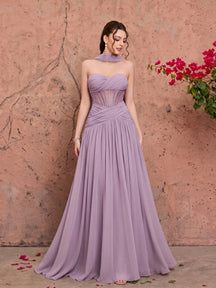 Summer Elegant Strapless Heart-Shaped Neckline Chiffon Maxi Dress, Sheer Lace Waist Bodice, Strapless Shawl, Suitable For Wedding Party Holiday Autumn