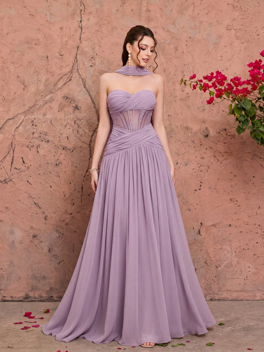 Summer Elegant Strapless Heart-Shaped Neckline Chiffon Maxi Dress, Sheer Lace Waist Bodice, Strapless Shawl, Suitable For Wedding Party Holiday Autumn