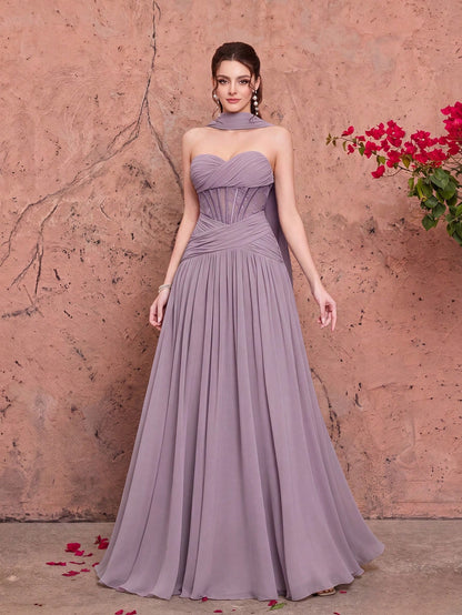 Summer Elegant Strapless Heart-Shaped Neckline Chiffon Maxi Dress, Sheer Lace Waist Bodice, Strapless Shawl, Suitable For Wedding Party Holiday Autumn