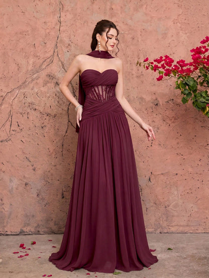 Summer Elegant Strapless Heart-Shaped Neckline Chiffon Maxi Dress, Sheer Lace Waist Bodice, Strapless Shawl, Suitable For Wedding Party Holiday Autumn