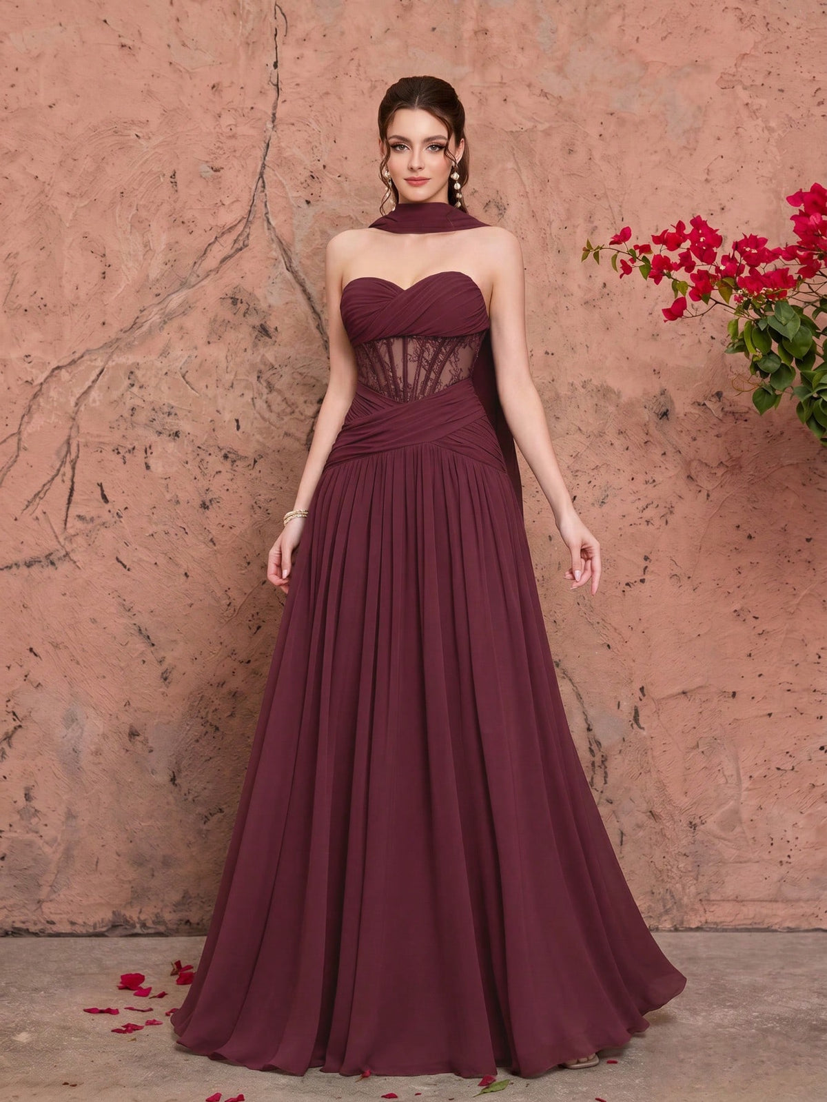Summer Elegant Strapless Heart-Shaped Neckline Chiffon Maxi Dress, Sheer Lace Waist Bodice, Strapless Shawl, Suitable For Wedding Party Holiday Autumn