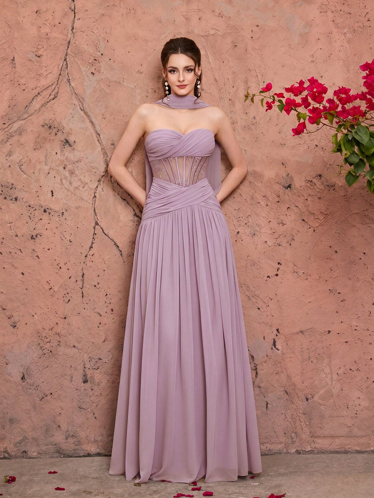 Summer Elegant Strapless Heart-Shaped Neckline Chiffon Maxi Dress, Sheer Lace Waist Bodice, Strapless Shawl, Suitable For Wedding Party Holiday Autumn