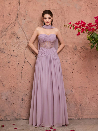 Summer Elegant Strapless Heart-Shaped Neckline Chiffon Maxi Dress, Sheer Lace Waist Bodice, Strapless Shawl, Suitable For Wedding Party Holiday Autumn