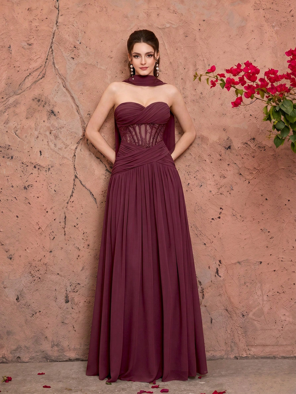 Summer Elegant Strapless Heart-Shaped Neckline Chiffon Maxi Dress, Sheer Lace Waist Bodice, Strapless Shawl, Suitable For Wedding Party Holiday Autumn