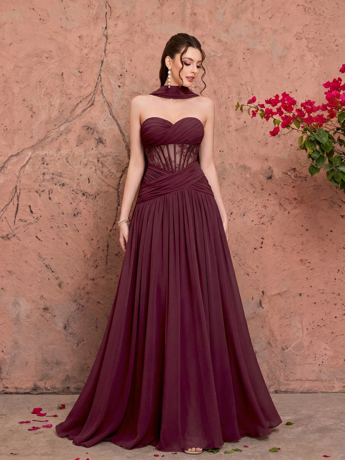 Summer Elegant Strapless Heart-Shaped Neckline Chiffon Maxi Dress, Sheer Lace Waist Bodice, Strapless Shawl, Suitable For Wedding Party Holiday Autumn