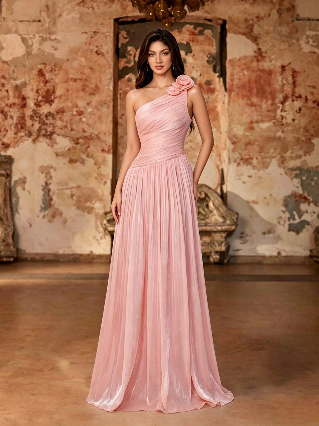 Women's Summer Elegant Pink Shiny Pleated One Shoulder 3D Floral Maxi Dress For Wedding, Party, Evening Prom, Formal Galas, Vacation & Festival
