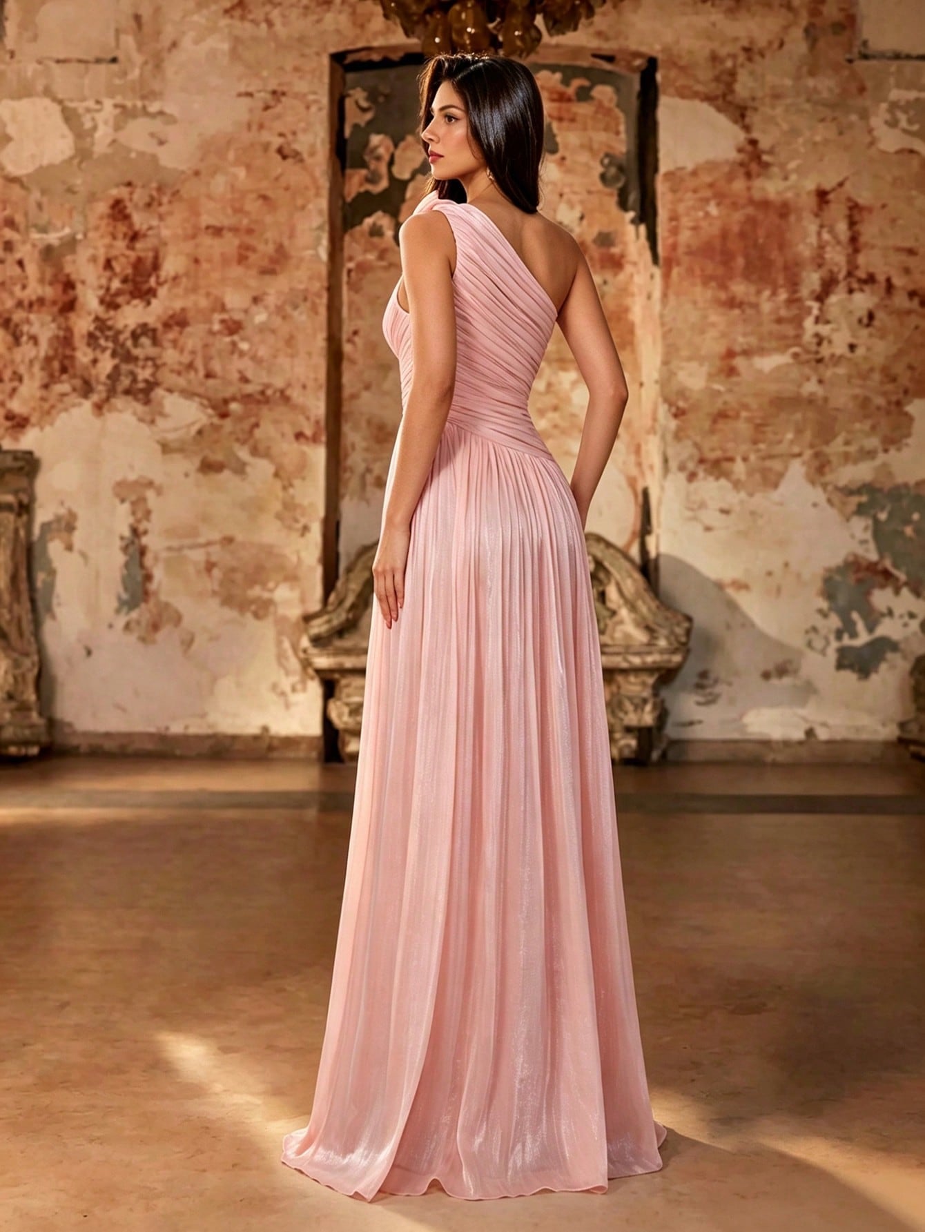 Women's Summer Elegant Pink Shiny Pleated One Shoulder 3D Floral Maxi Dress For Wedding, Party, Evening Prom, Formal Galas, Vacation & Festival