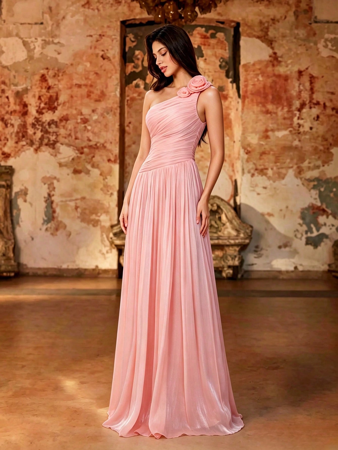 Women's Summer Elegant Pink Shiny Pleated One Shoulder 3D Floral Maxi Dress For Wedding, Party, Evening Prom, Formal Galas, Vacation & Festival