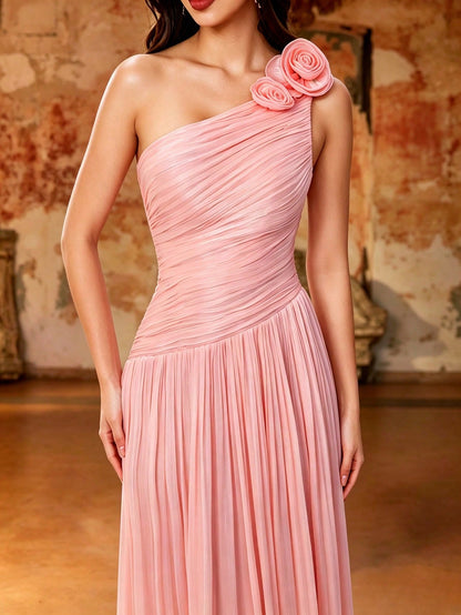Women's Summer Elegant Pink Shiny Pleated One Shoulder 3D Floral Maxi Dress For Wedding, Party, Evening Prom, Formal Galas, Vacation & Festival