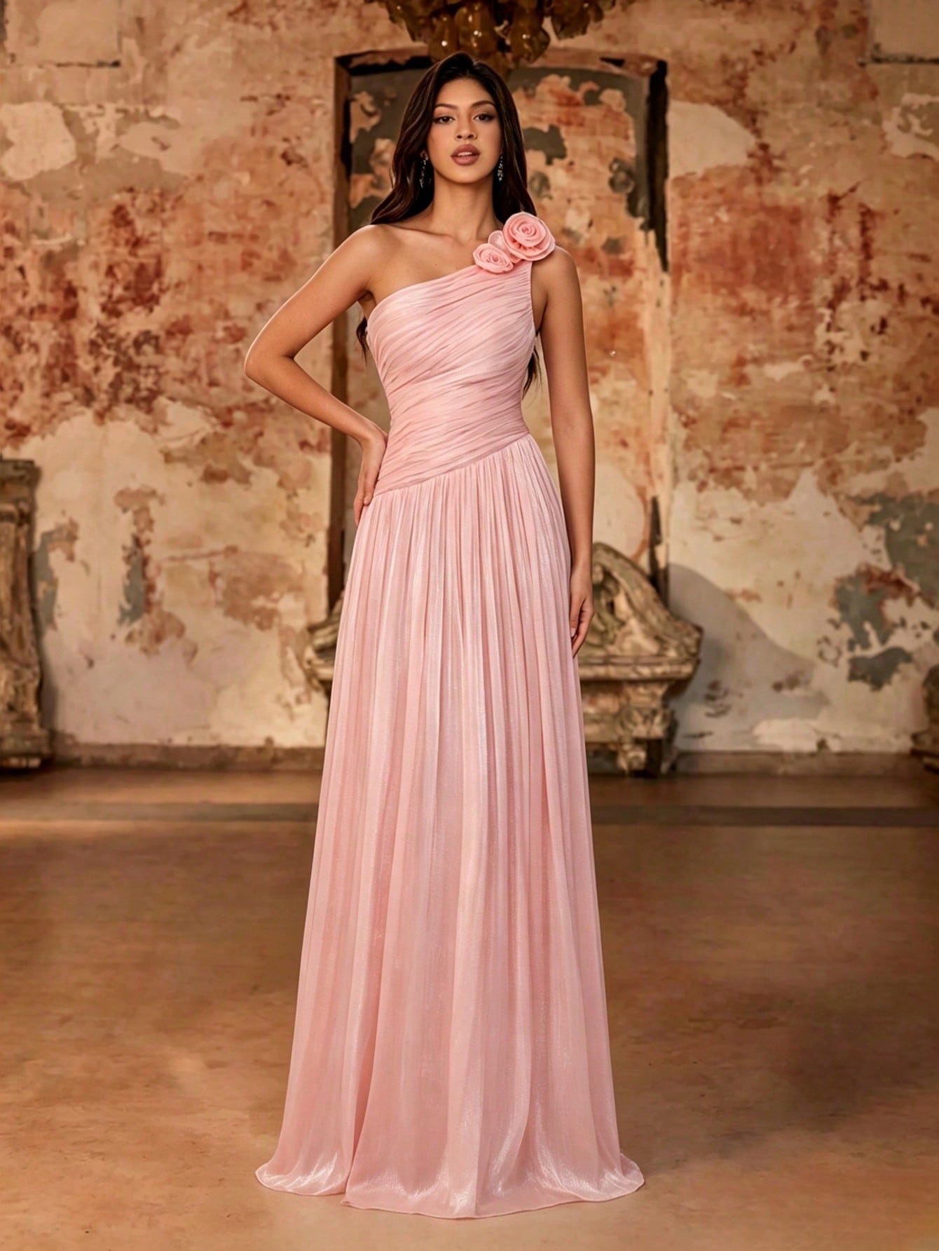 Women's Summer Elegant Pink Shiny Pleated One Shoulder 3D Floral Maxi Dress For Wedding, Party, Evening Prom, Formal Galas, Vacation & Festival