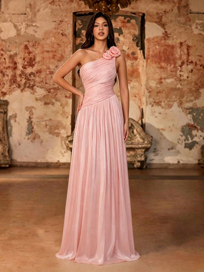 Women's Summer Elegant Pink Shiny Pleated One Shoulder 3D Floral Maxi Dress For Wedding, Party, Evening Prom, Formal Galas, Vacation & Festival