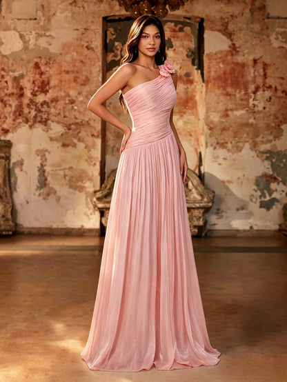 Women's Summer Elegant Pink Shiny Pleated One Shoulder 3D Floral Maxi Dress For Wedding, Party, Evening Prom, Formal Galas, Vacation & Festival