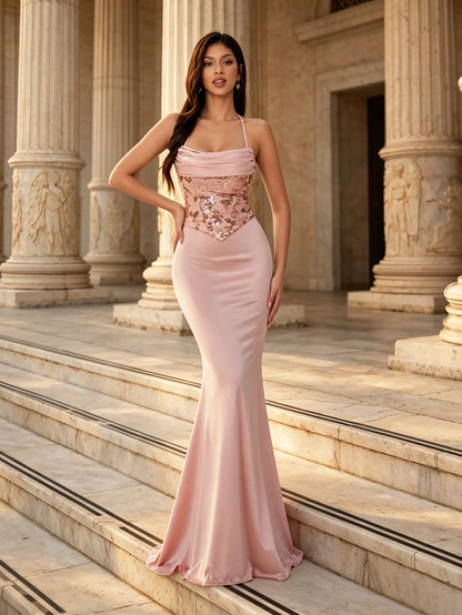 Summer Elegant Pink Satin Sequin Cowl Halter Mermaid Maxi Bridesmaid Dress, Evening Prom Gown For Wedding, Party, Formal Galas, Vacation & Festival