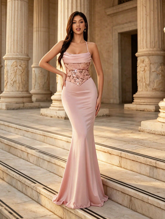 Summer Elegant Pink Satin Sequin Cowl Halter Mermaid Maxi Bridesmaid Dress, Evening Prom Gown For Wedding, Party, Formal Galas, Vacation & Festival