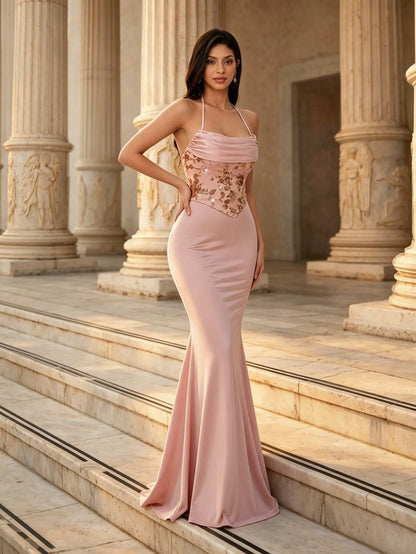 Summer Elegant Pink Satin Sequin Cowl Halter Mermaid Maxi Bridesmaid Dress, Evening Prom Gown For Wedding, Party, Formal Galas, Vacation & Festival