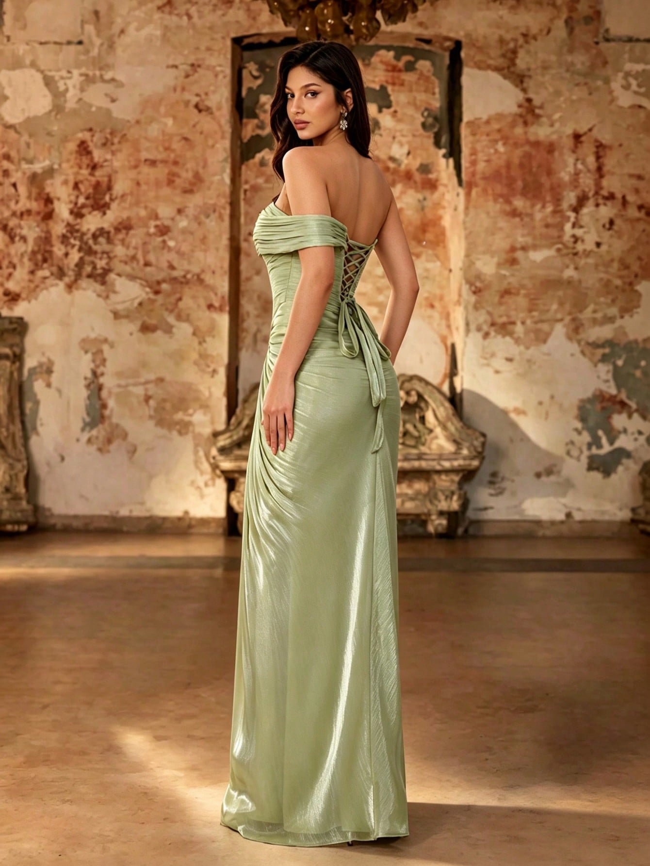 Summer Elegant Sage Green Satin Pleated Maxi Dress, Off Shoulder Corset Ruched High Slit, Prom Gown For Wedding, Party, Vacation & Festival