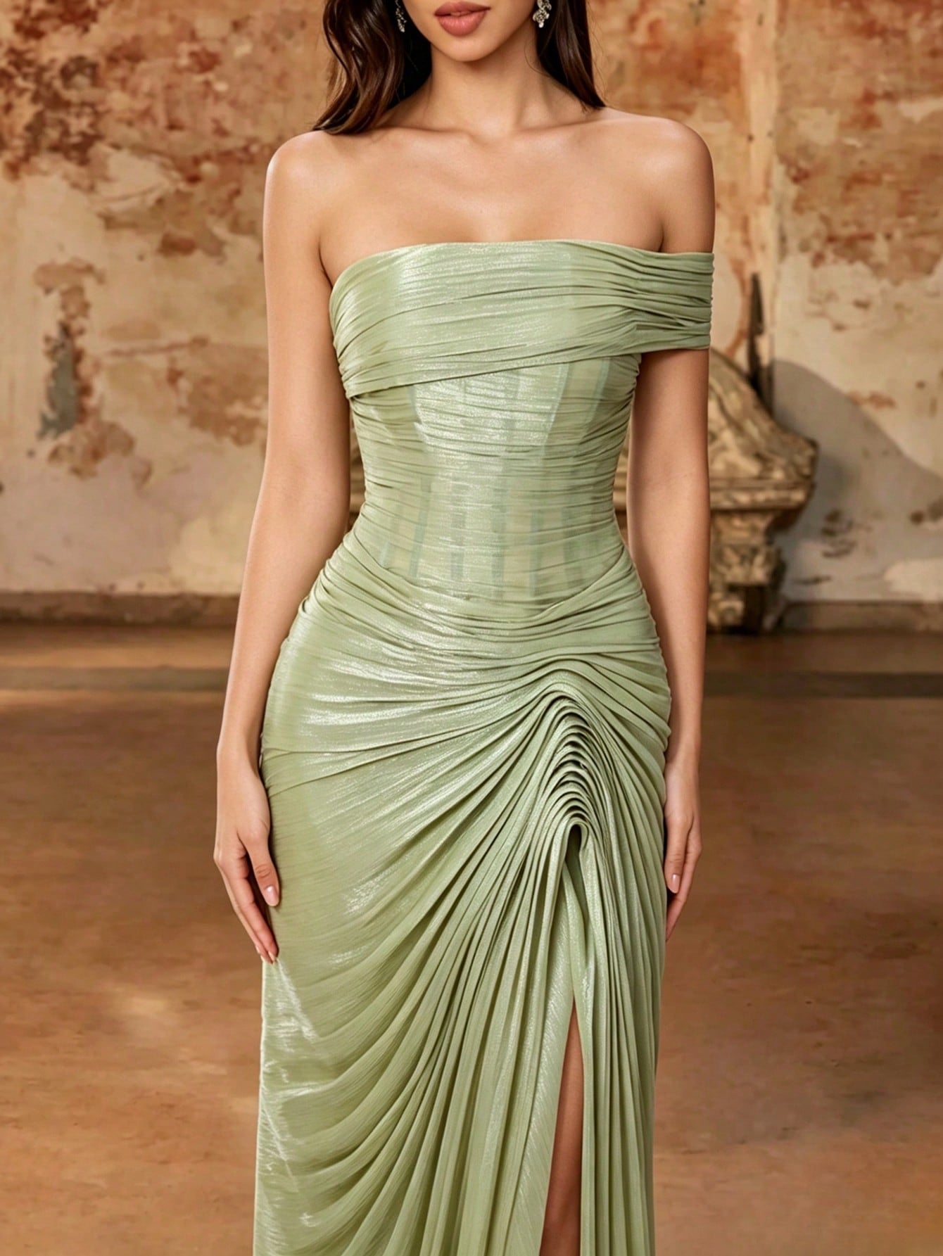 Summer Elegant Sage Green Satin Pleated Maxi Dress, Off Shoulder Corset Ruched High Slit, Prom Gown For Wedding, Party, Vacation & Festival