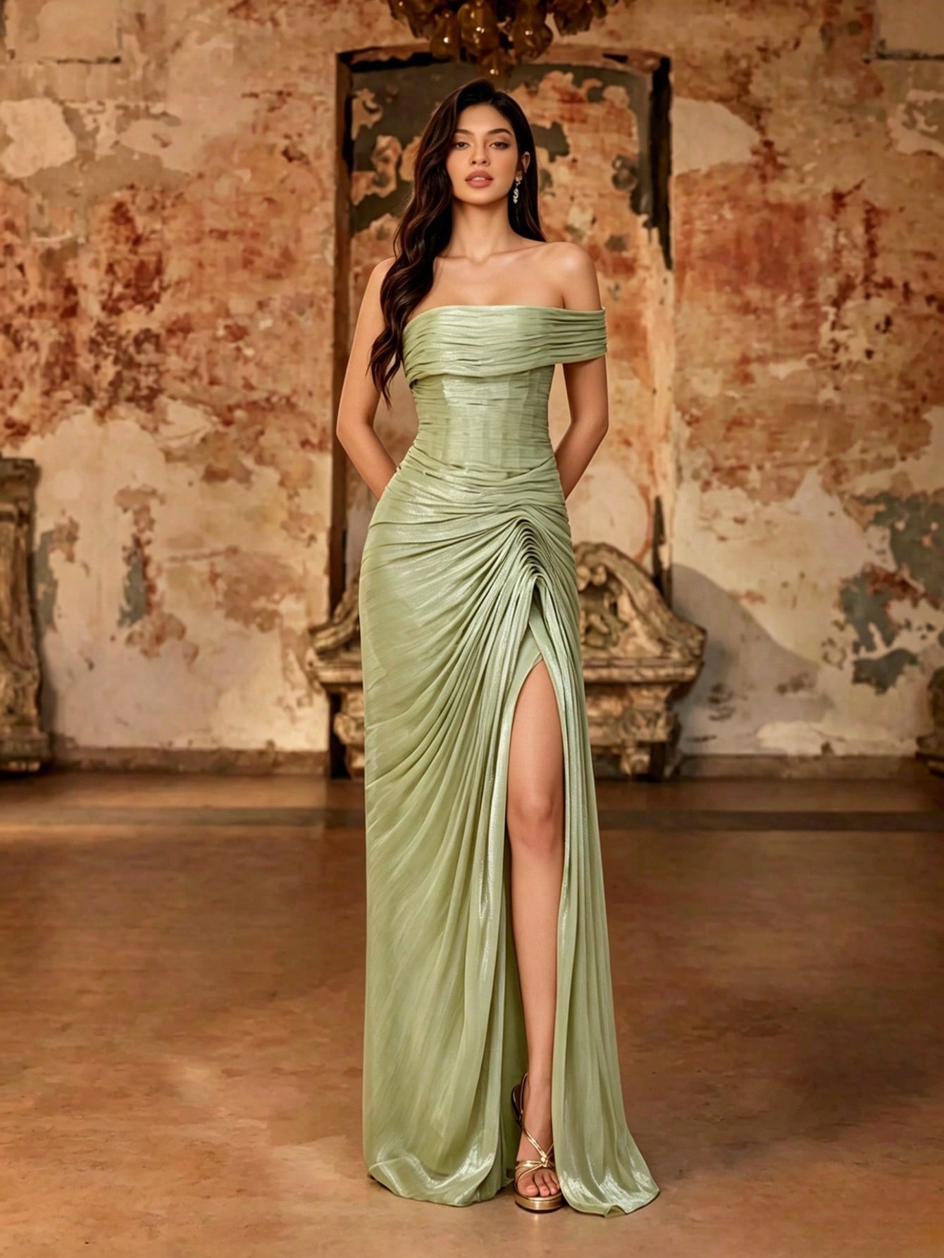 Summer Elegant Sage Green Satin Pleated Maxi Dress, Off Shoulder Corset Ruched High Slit, Prom Gown For Wedding, Party, Vacation & Festival
