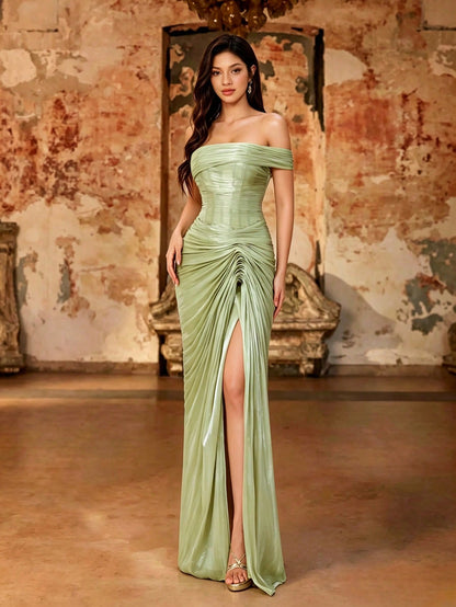 Summer Elegant Sage Green Satin Pleated Maxi Dress, Off Shoulder Corset Ruched High Slit, Prom Gown For Wedding, Party, Vacation & Festival