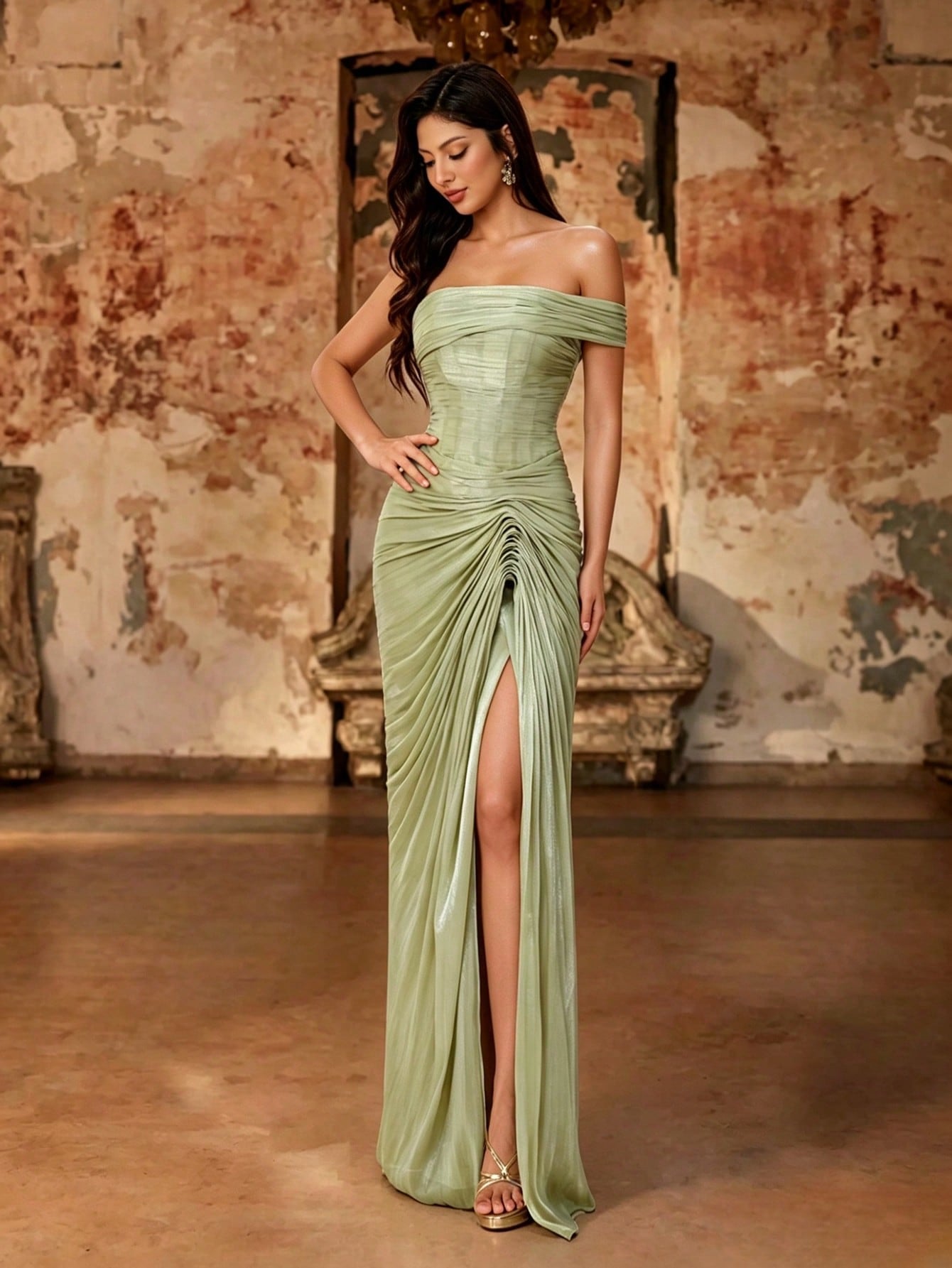Summer Elegant Sage Green Satin Pleated Maxi Dress, Off Shoulder Corset Ruched High Slit, Prom Gown For Wedding, Party, Vacation & Festival