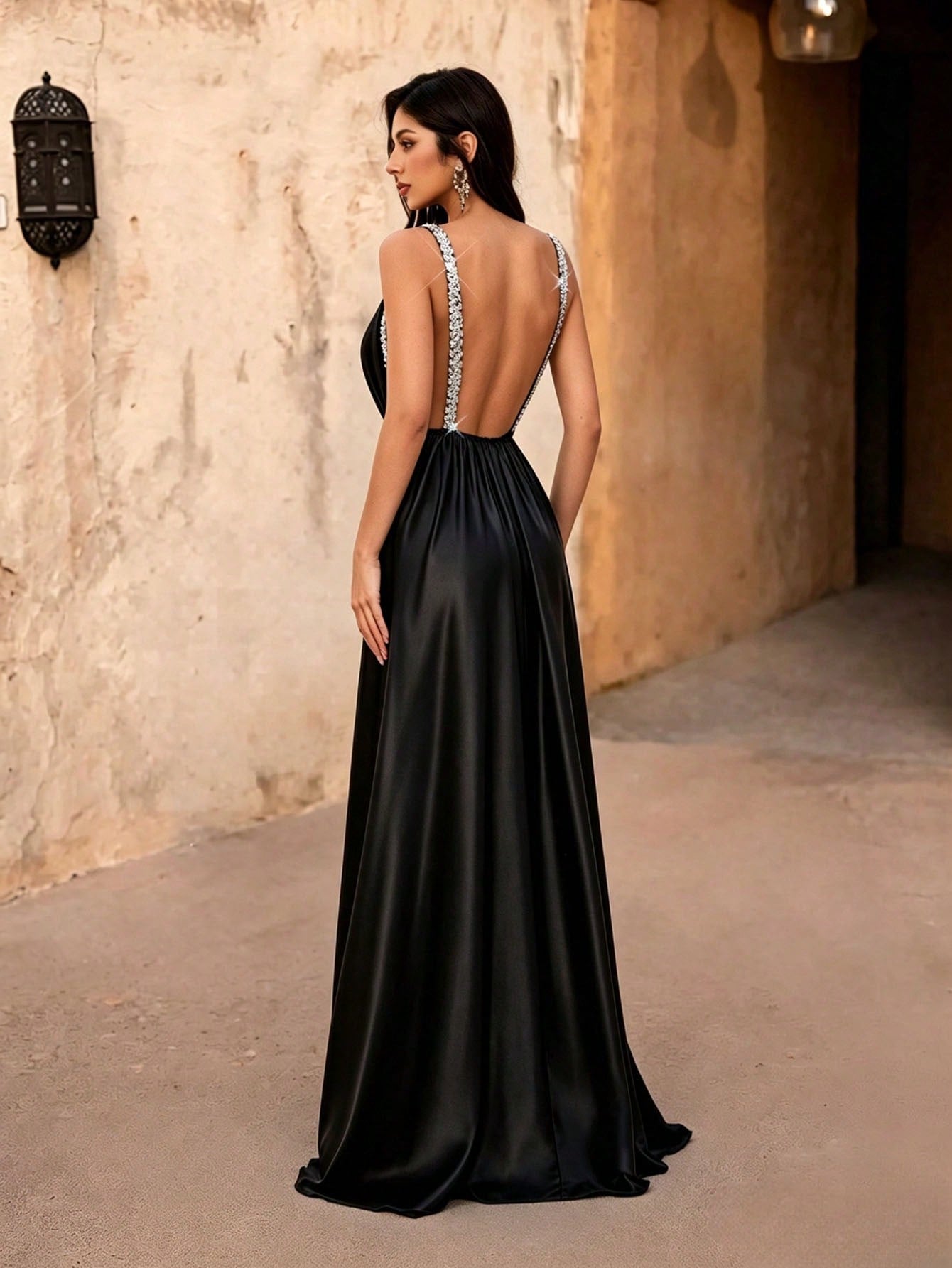 Elegant Black Satin Rhinestone Deep V Backless High Slit Maxi Dress Luxury Evening Prom Gown For Festival, Wedding, Party, Formal Galas, Vacation