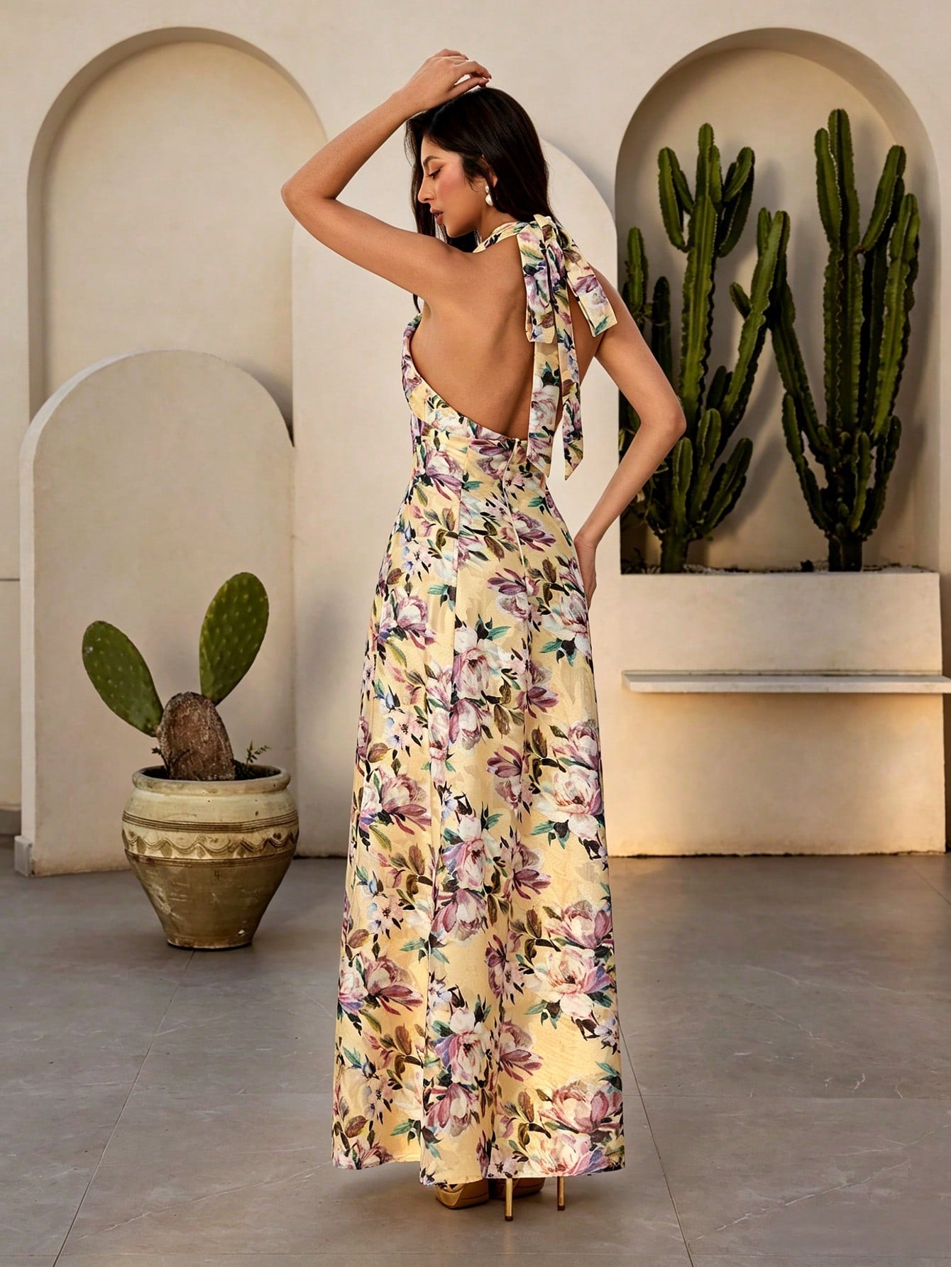 Vintage Yellow Floral Halter Open Back Tie A Line Long Dress For Women Summer Wedding Guest Prom Party Beach