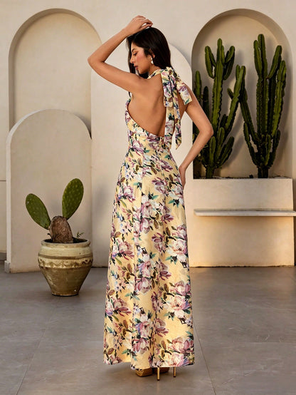 Vintage Yellow Floral Halter Open Back Tie A Line Long Dress For Women Summer Wedding Guest Prom Party Beach