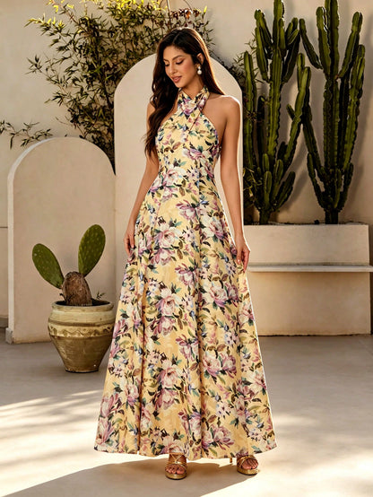 Vintage Yellow Floral Halter Open Back Tie A Line Long Dress For Women Summer Wedding Guest Prom Party Beach