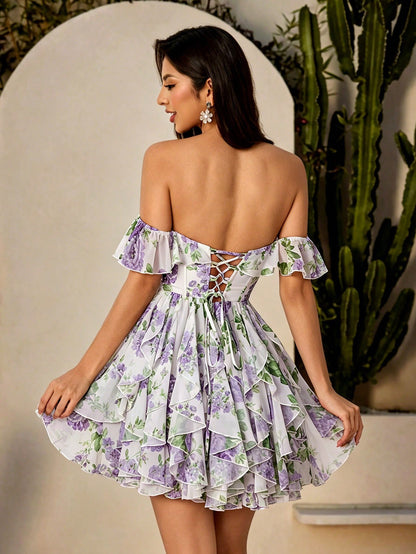 Summer Off Shoulder Ruffle Corset Mini Dress, White Purple Floral Print Chiffon Tiered Skirt Short, For Festival, Wedding, Party, Beach Vacation,Prom