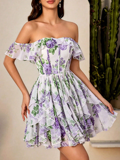 Summer Off Shoulder Ruffle Corset Mini Dress, White Purple Floral Print Chiffon Tiered Skirt Short, For Festival, Wedding, Party, Beach Vacation,Prom