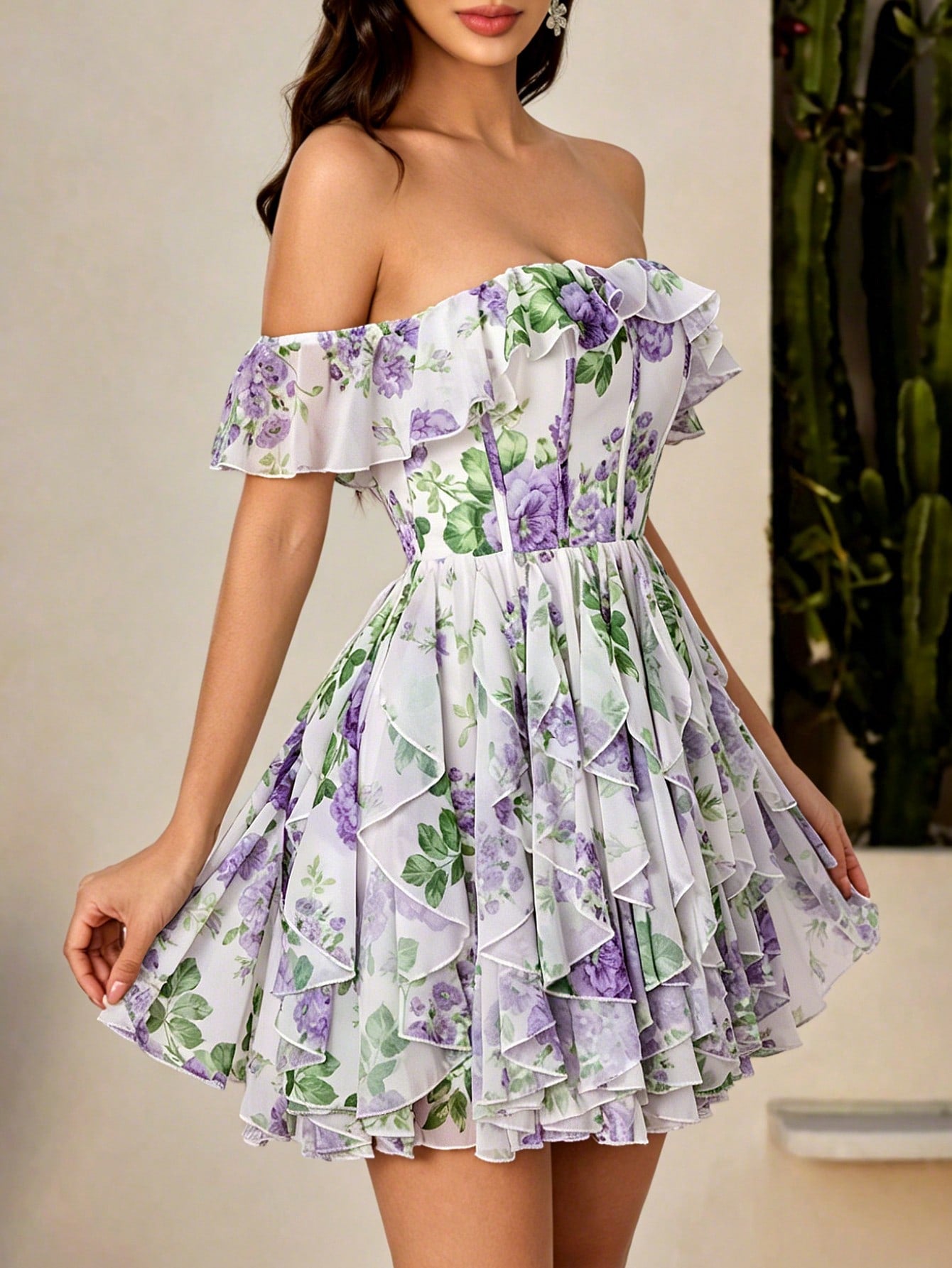 Summer Off Shoulder Ruffle Corset Mini Dress, White Purple Floral Print Chiffon Tiered Skirt Short, For Festival, Wedding, Party, Beach Vacation,Prom