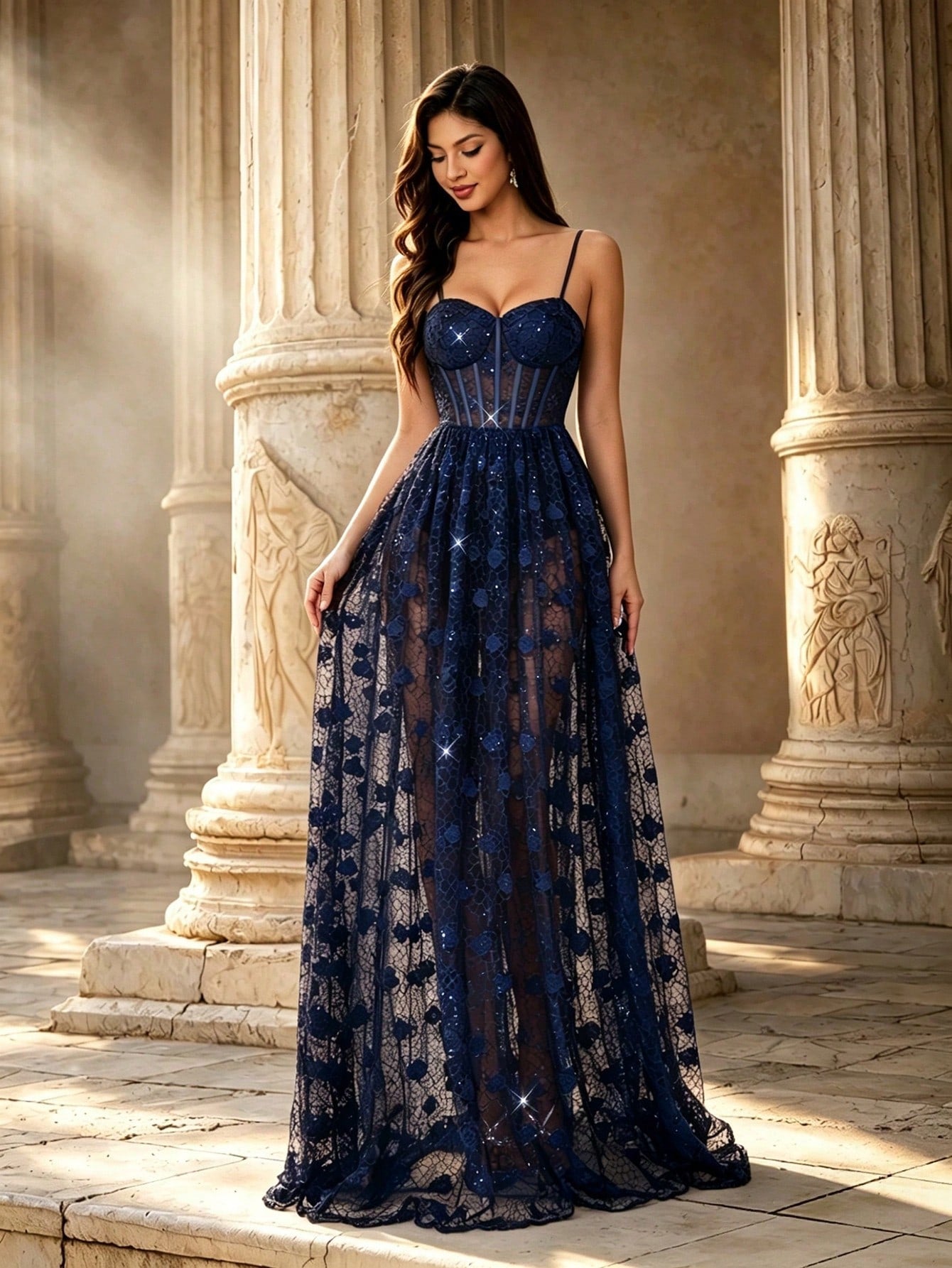 Elegant Royal Blue Floral Perspective Lace Spaghetti Strap Corset A-Line Maxi Dress For Women Summer Party, Prom, Going Out & Festival