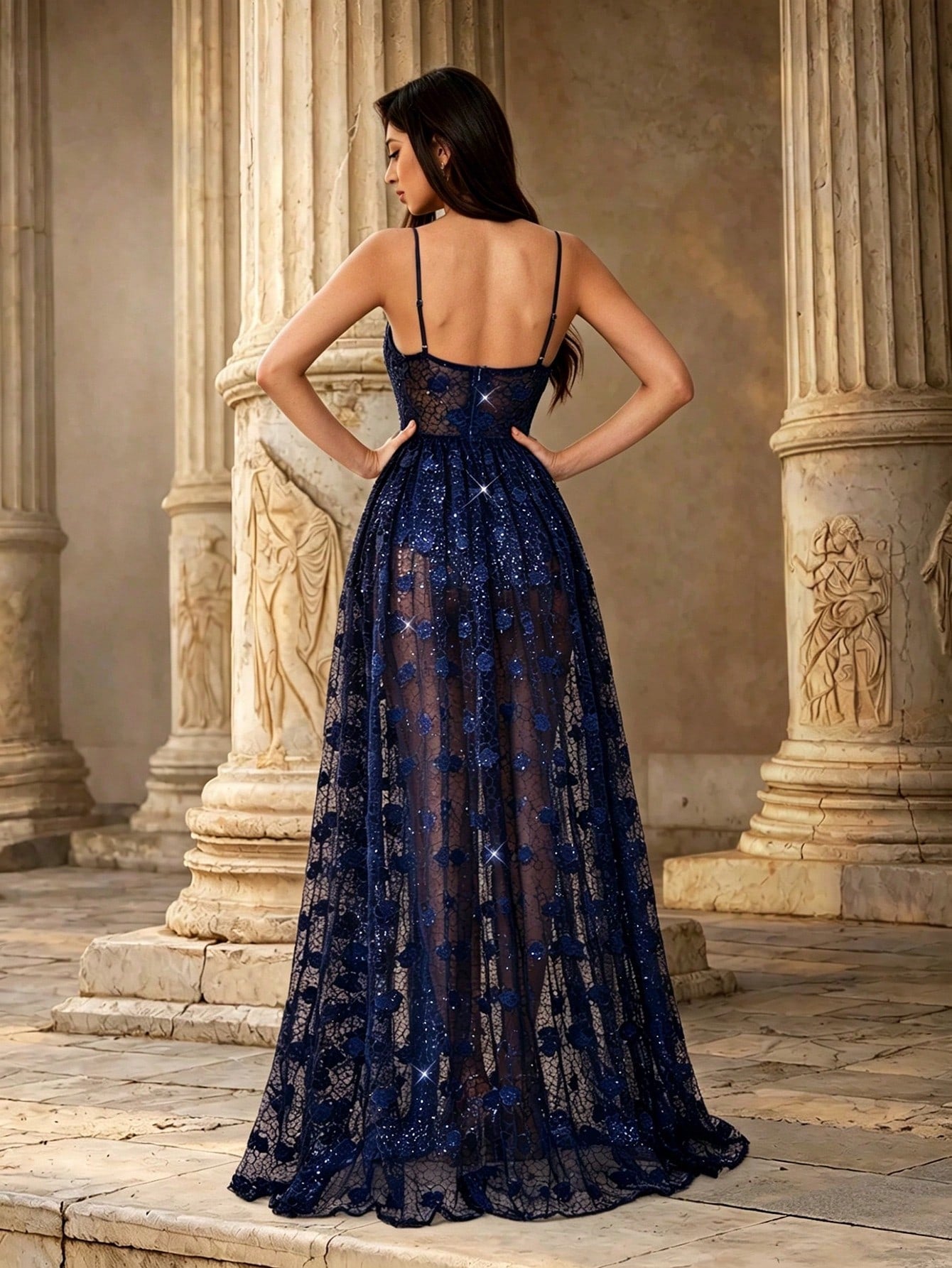 Elegant Royal Blue Floral Perspective Lace Spaghetti Strap Corset A-Line Maxi Dress For Women Summer Party, Prom, Going Out & Festival