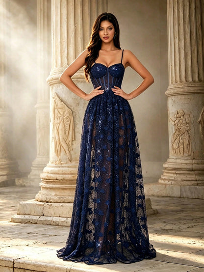 Elegant Royal Blue Floral Perspective Lace Spaghetti Strap Corset A-Line Maxi Dress For Women Summer Party, Prom, Going Out & Festival