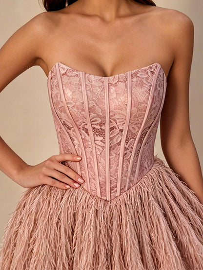 Elegant Pink Perspective Lace Fringe Patchwork Strapless Corset Mini Dress For Women Summer Beach Vacation,Party, Prom, Going Out & Festival