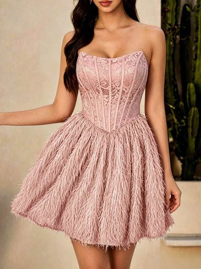 Elegant Pink Perspective Lace Fringe Patchwork Strapless Corset Mini Dress For Women Summer Beach Vacation,Party, Prom, Going Out & Festival
