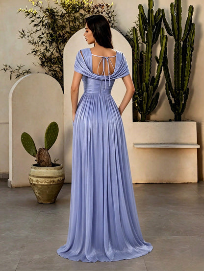 Elegant Blue Pleated V Neck Ruffle Trim Tie Back Maxi Dress For Women Fall Winter Wedding Guest Party Prom Festival Graduation Going Out