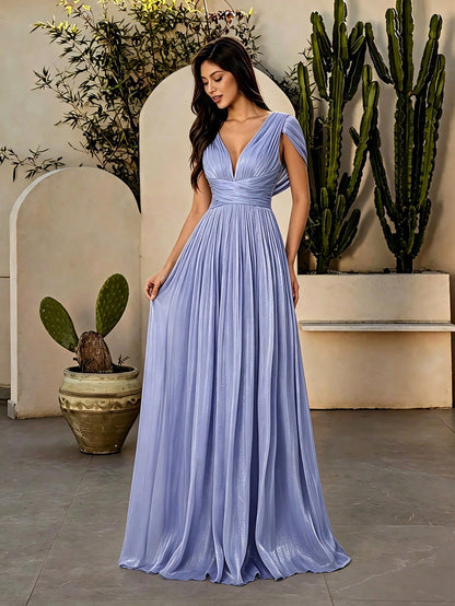 Elegant Blue Pleated V Neck Ruffle Trim Tie Back Maxi Dress For Women Fall Winter Wedding Guest Party Prom Festival Graduation Going Out