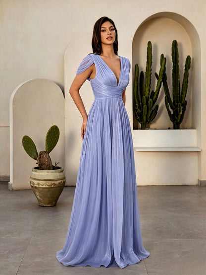 Elegant Blue Pleated V Neck Ruffle Trim Tie Back Maxi Dress For Women Fall Winter Wedding Guest Party Prom Festival Graduation Going Out