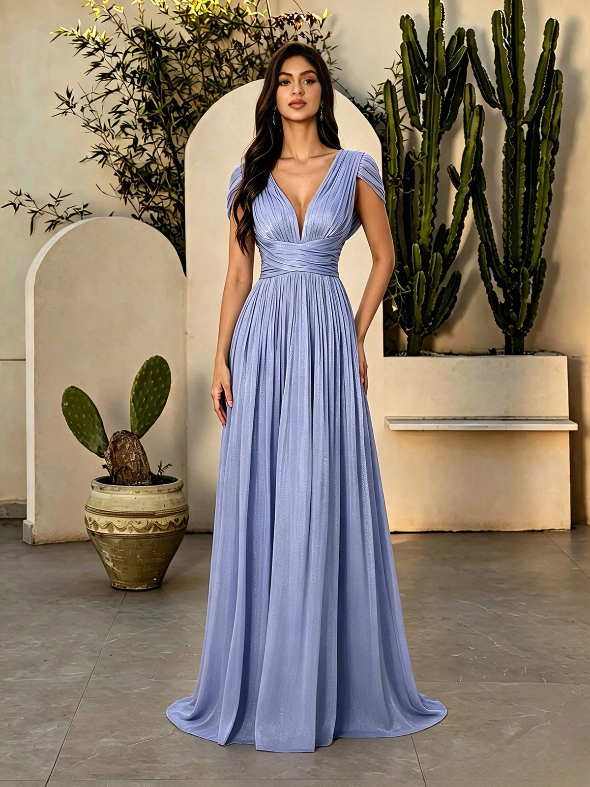 Elegant Blue Pleated V Neck Ruffle Trim Tie Back Maxi Dress For Women Fall Winter Wedding Guest Party Prom Festival Graduation Going Out