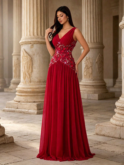 Autumn Elegant Sleeveless Deep V-Neck Chiffon A-Line Evening Gown, 3D Floral Applique Sequin Embroidery Ruched Formal Dress, Suitable For Winter Party, Wedding, Holiday