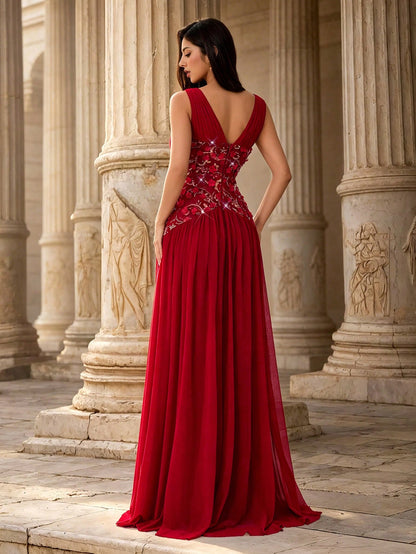 Autumn Elegant Sleeveless Deep V-Neck Chiffon A-Line Evening Gown, 3D Floral Applique Sequin Embroidery Ruched Formal Dress, Suitable For Winter Party, Wedding, Holiday