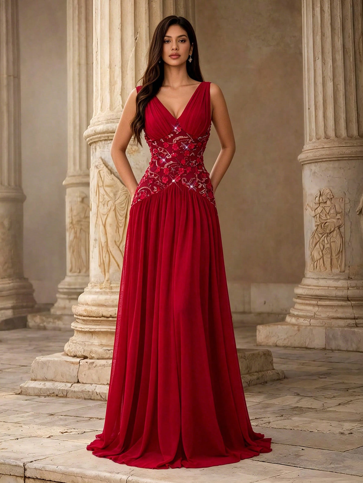 Autumn Elegant Sleeveless Deep V-Neck Chiffon A-Line Evening Gown, 3D Floral Applique Sequin Embroidery Ruched Formal Dress, Suitable For Winter Party, Wedding, Holiday
