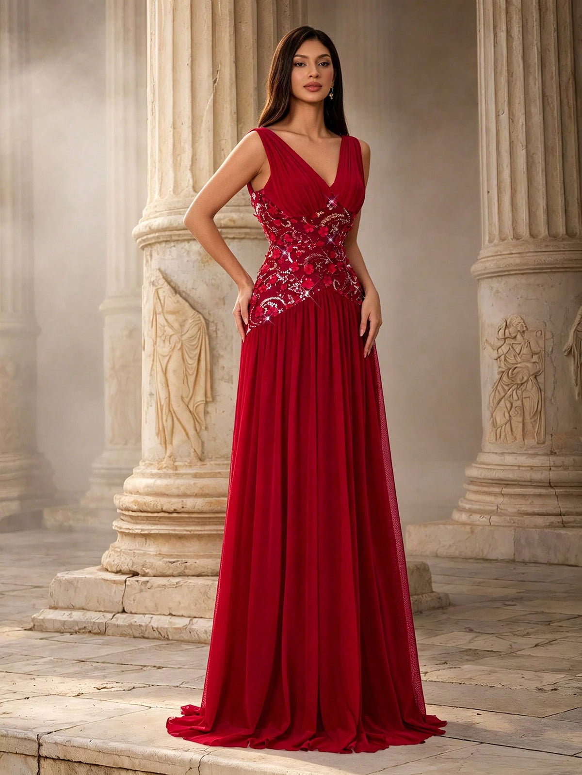 Autumn Elegant Sleeveless Deep V-Neck Chiffon A-Line Evening Gown, 3D Floral Applique Sequin Embroidery Ruched Formal Dress, Suitable For Winter Party, Wedding, Holiday