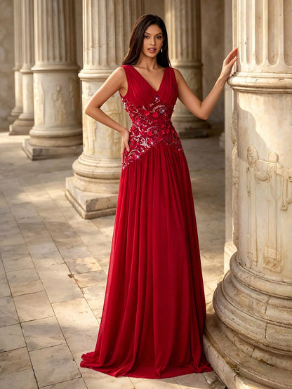 Autumn Elegant Sleeveless Deep V-Neck Chiffon A-Line Evening Gown, 3D Floral Applique Sequin Embroidery Ruched Formal Dress, Suitable For Winter Party, Wedding, Holiday