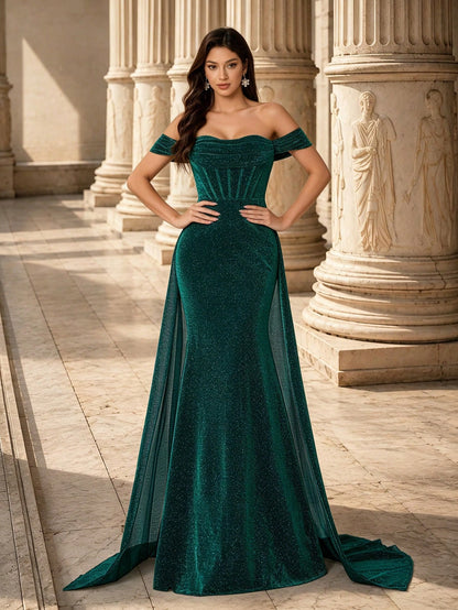 Fall Elegant Off Shoulder Corset Glitter Sparkle Fabric Side Overlay Train Back Lace Up Floor Mermaid Evening Dress Winter For Party Prom Wedding