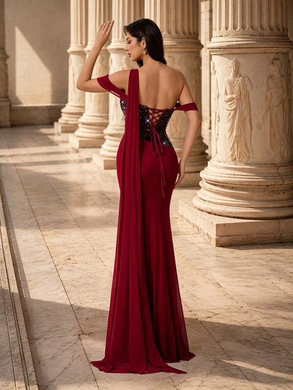 Summer Fall Elegant Shiny Sequin Embroidered Spliced Stretch Knit Ruched High Slit Maxi Dress, Boned Cinched Waist Matching Neck Scarf For Party Date
