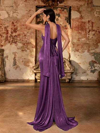 Fall Winter Elegant Strapless Top High Slit Maxi Dress, Luxury Evening Gown For Wedding Party Prom Vacation Festival Includes A Free Halter NeckRibbon