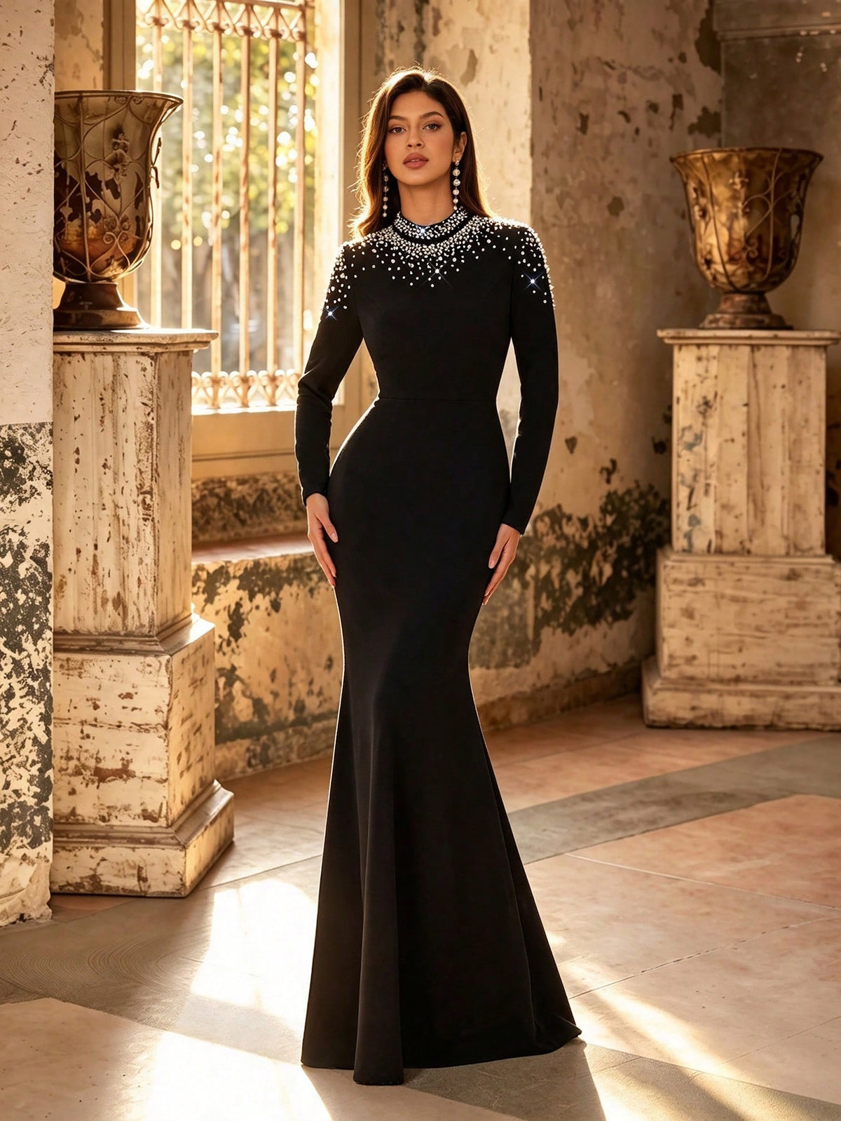 Fall Elegant High Neck Long Sleeve Faux Pearl Beaded Slim Fit Mermaid Maxi Dress, Winter Stretch Bodycon Formal Evening Gown, Party Banquet Wedding