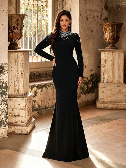 Fall Elegant High Neck Long Sleeve Faux Pearl Beaded Slim Fit Mermaid Maxi Dress, Winter Stretch Bodycon Formal Evening Gown, Party Banquet Wedding